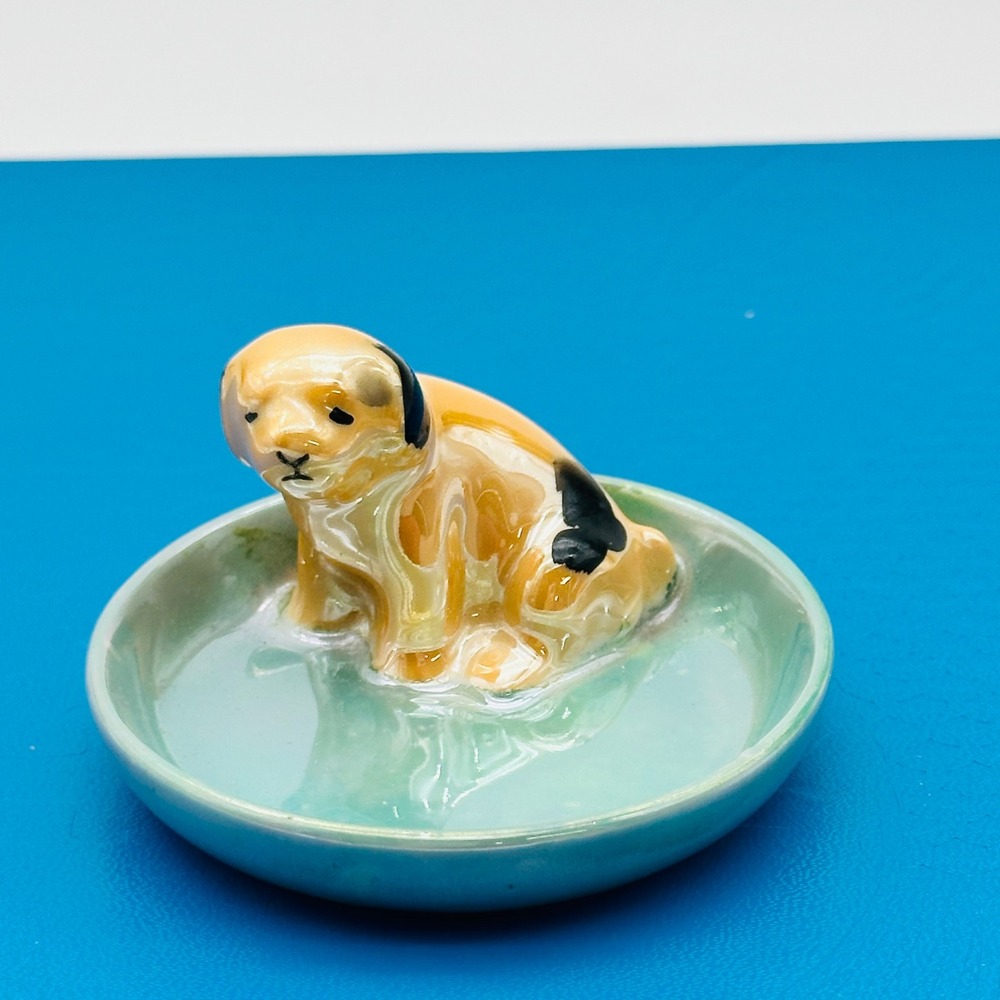 Vintage Noritake Puppy Dog Lusterware Pin Dish Figurine Japan Trinket Tray